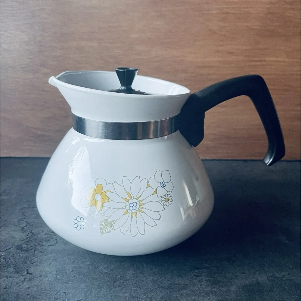 VTG Corning Ware 6 Cup Tea Pot P-104  Floral Bouquet Stovetop Kettle Retro 70s